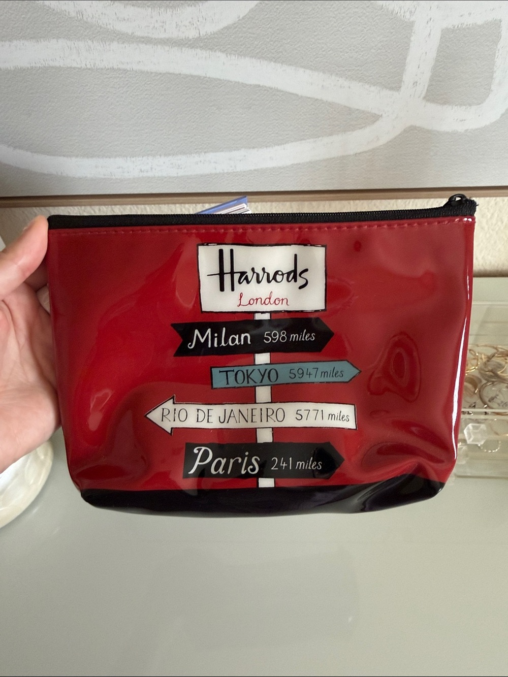 Harrods Red Patent Cosmetic Pouch with City Sign Graphic